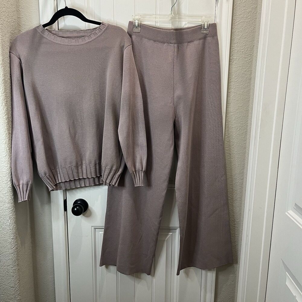 Womens 2PC Long Sleeve Pull On Pants Lavender Gray Lounge Set Casual Size L